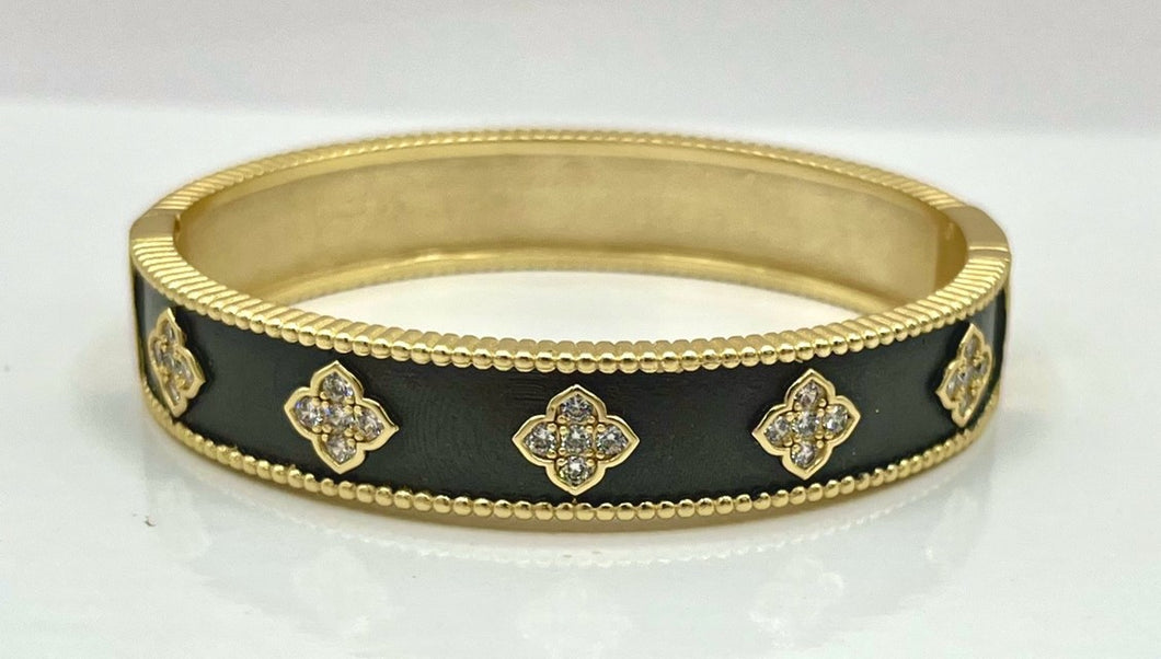 Black Designer Bangle Bracelet with Inset Pave Clovers