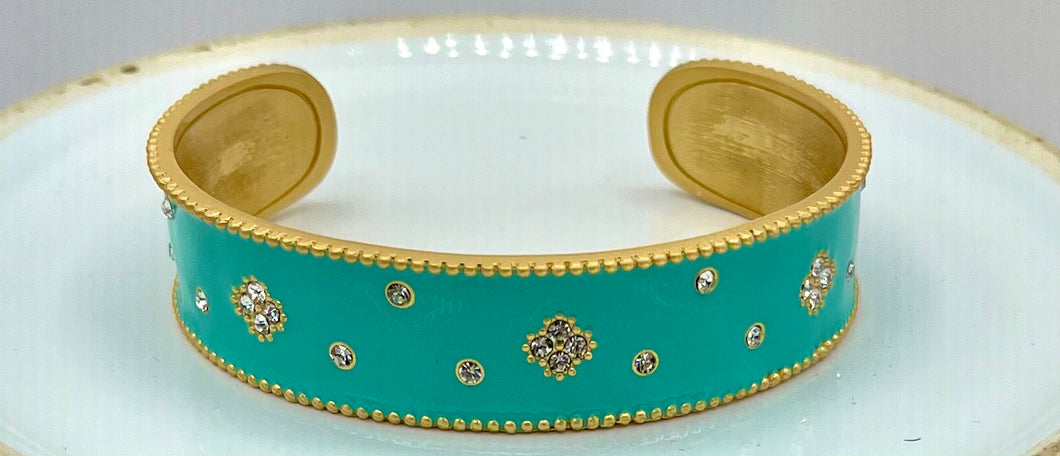 Designer Inspired Turquoise Sculpted Cuff Bracelet with Pave Inset Clover