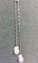 Load image into Gallery viewer, Sterling Silver &amp; CZ  36&quot; Lariat Necklace with Double Freshwater Pearl Drop
