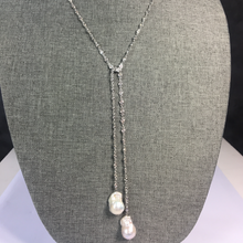 Load image into Gallery viewer, Sterling Silver &amp; CZ  36&quot; Lariat Necklace with Double Freshwater Pearl Drop

